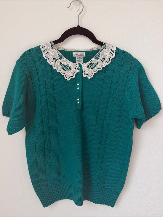 Vintage Tops - Vintage Teal Knit Top with White Lace Collar